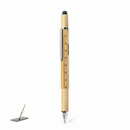 A pen with a wooden barrel featuring a ruler, alongside a small paper clip holder. The pen includes a black stylus tip.