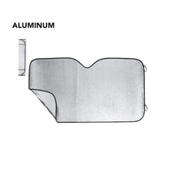 A car sunshade made of aluminium with a reflective surface and black edges, designed to fit the windshield.