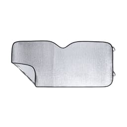 A sunshade for a vehicle dashboard, featuring a reflective silver surface and black trim.