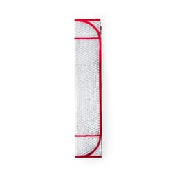 A drink bottle in a silver and red insulated sleeve, featuring a secure fastening and a sleek design.