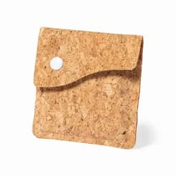 A cork wallet in a natural, light brown colour with a fold-over flap and a snap button closure.