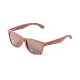 A pair of brown sunglasses with wooden-like frames and tinted lenses. The sunglasses have a logo on the side.
