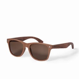 A pair of brown sunglasses with wood-like frames and dark lenses, featuring a logo on the side.