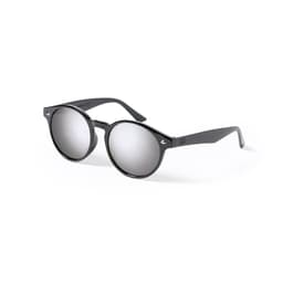 A pair of round black sunglasses with mirrored lenses and sleek design.