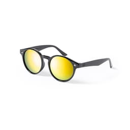 A pair of black sunglasses with reflective yellow lenses and a stylish round frame.