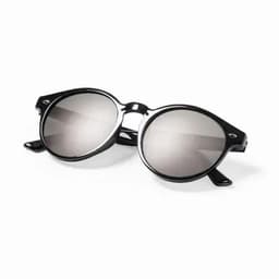A pair of round black sunglasses with mirrored lenses, featuring a stylish frame and distinctive design.