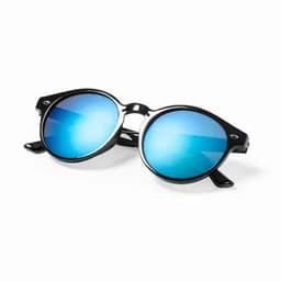 A pair of black sunglasses with blue mirrored lenses, featuring a round design and a sleek frame.