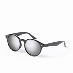 A pair of round black sunglasses with mirrored lenses and a simple design. They have a sleek, stylish appearance.