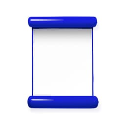 A blue promotional drink bottle with a scroll-like design and a simple, blank body. It features a logo.