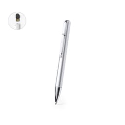 A silver pen with a shiny finish featuring a concealed USB tip and a sleek design.