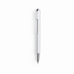 A silver pen with a sleek design and a clip on the side, featuring a polished metal finish.