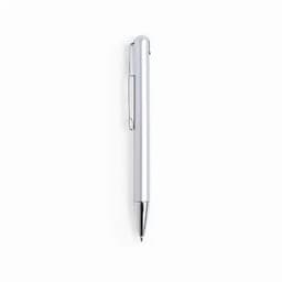 A silver ballpoint pen with a shiny finish and a clip for attachment. It has a sleek, minimalist design.