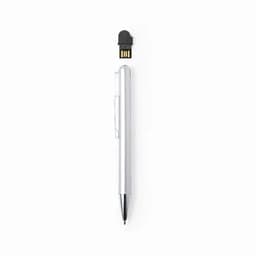 A silver pen with a removable USB drive component. The pen features a clip and a sleek design.