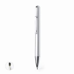 A silver pen with a sleek design and a USB connector at the base. It includes branding on the body.