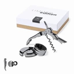 A wine opener set featuring a chrome corkscrew and a bottle stopper, presented in a box with a logo.
