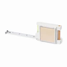 A measuring tool with a white casing and a silver retractable tape, featuring a bubble level and a cylindrical grip.