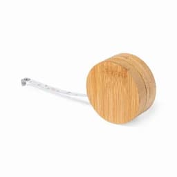 A measuring tape with a wooden round casing, featuring a retractable tape in a contrast colour.