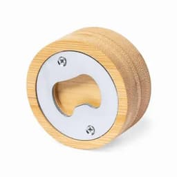 A bottle opener with a wooden exterior and a chrome opening mechanism. Features a round design and a logo.