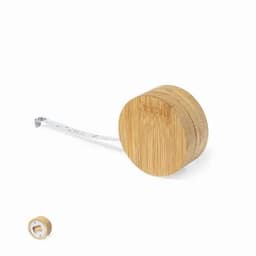 A tape measure with a bamboo casing, featuring a retractable white measuring tape.
