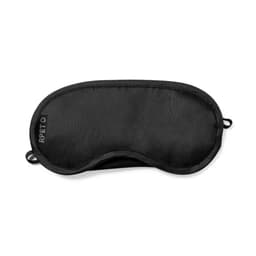 A sleep mask in black with a soft texture and a simple, sleek design. It features a logo on one side.