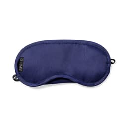 A sleep mask in navy blue featuring a smooth texture and elastic bands for a secure fit. Includes a branding logo.