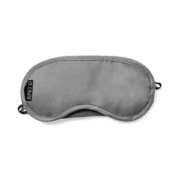 A sleep mask in grey fabric, featuring a logo on the side and a contoured shape for comfort.