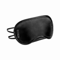 A sleep mask in black, featuring a smooth surface and adjustable straps for comfort. It includes a logo.