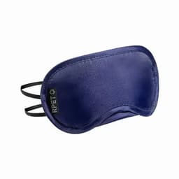 A sleep mask in navy blue with elastic straps and a logo, crafted from a smooth material.