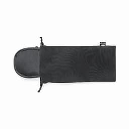 A sleek black storage pouch with a drawstring closure, featuring a rounded opening and a branding label.