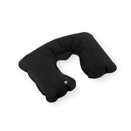 A black neck pillow with a U-shaped design and cut-out for comfort, featuring a smooth fabric texture.