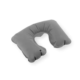 A grey travel neck pillow with a U-shape design, featuring soft padding for comfort. It has a branding logo.