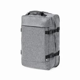 A grey travel backpack with adjustable straps and a front pocket, featuring a sleek, modern design.