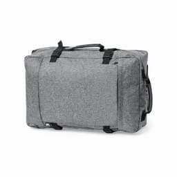 A grey duffel bag with black straps and handles, featuring a sleek, minimalist design. It has a logo on the side.
