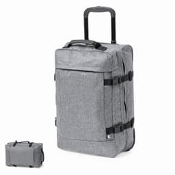 A grey backpack with a rolling handle and adjustable straps, featuring a compact folded version beside it.