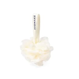 A shower puff in a soft white colour with a hanging loop and a logo on the strap.
