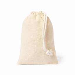 A drawstring bag made of natural, unbleached fabric with a simple, cream colour and a tied closure.