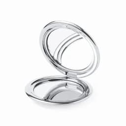A compact mirror with a shiny silver finish, featuring two reflective surfaces inside.