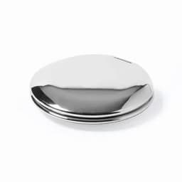 A shiny metallic lid with a smooth, curved surface, featuring a slight bezel and a reflective finish.