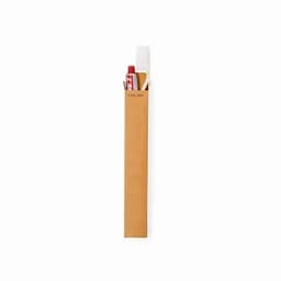 A tall, brown cardboard packaging containing a red tube of toothpaste and a white toothbrush, with a logo on the front.