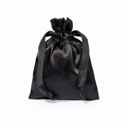 A drawstring bag in black satin material with matching straps. Features a soft, smooth texture.