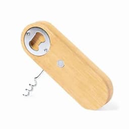 A bottle opener and corkscrew made of bamboo with a metallic cap remover. Features a sleek, natural finish.