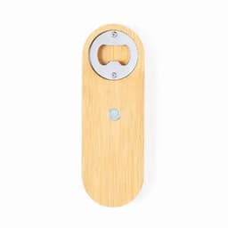 A bottle opener made of bamboo with a silver metal opener. Features a circular design and a single metallic dot.