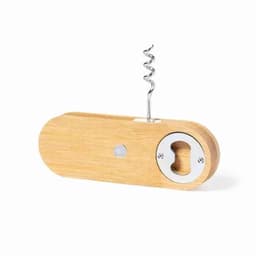 A wooden bottle opener with a corkscrew, featuring a metallic bottle cap opener and an oval shape.