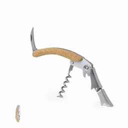 A corkscrew tool with a cork handle, featuring a stainless steel blade and spiral corkscrew.