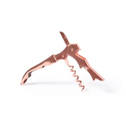 A corkscrew tool with a shiny rose gold finish, featuring a lever and a spiral corkscrew.