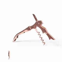 A rose gold corkscrew with a lever design, featuring a screw and a small serrated knife.