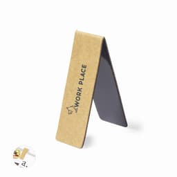 A promotional sign holder made of brown cardboard with a black surface and a logo.