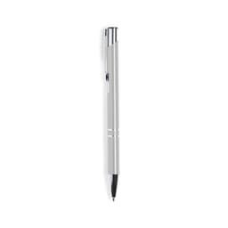 A silver pen with a sleek design, featuring a chrome clip and accents. It includes a logo on the body.