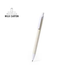 A pen made from recycled milk cartons featuring a white barrel and white clip, with a logo at the top.