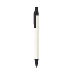 A pen with a white barrel and black accents, featuring a clip and a logo on the barrel.